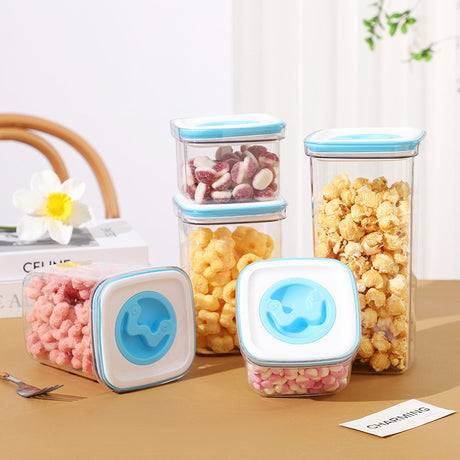 Set 5 Cutii De Depozitare Pentru Bucatarie, 2 X 600Ml, 2 X 1.3L, 1 X 2L, Din Abs+Pet+Silicon, Capac Alb/Albastru, 23 X 10 X 10 Cm, Transparent - vivimall.ro