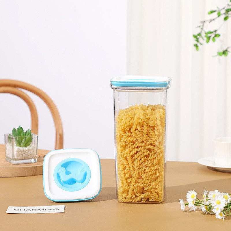 Set 5 Cutii de Depozitare pentru Bucatarie, Vivimall, 2 x 600ml, 2 x 1.3L, 1 x 2L, din ABS+PET+Silicon, Capac Alb/Albastru, 23 x 10 x 10 cm, Transparent - vivimall.ro