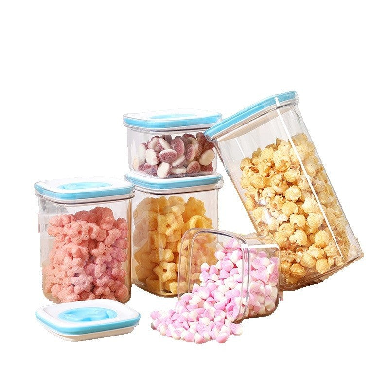 Set 5 Cutii De Depozitare Pentru Bucatarie, 2 X 600Ml, 2 X 1.3L, 1 X 2L, Din Abs+Pet+Silicon, Capac Alb/Albastru, 23 X 10 X 10 Cm, Transparent - vivimall.ro