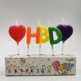 Set 5 Lumanari de Tort, Vivimall, Model Inimi, Litere HBD, 1.8 x 2.7 cm, din Ceara, Multicolor - vivimall.ro