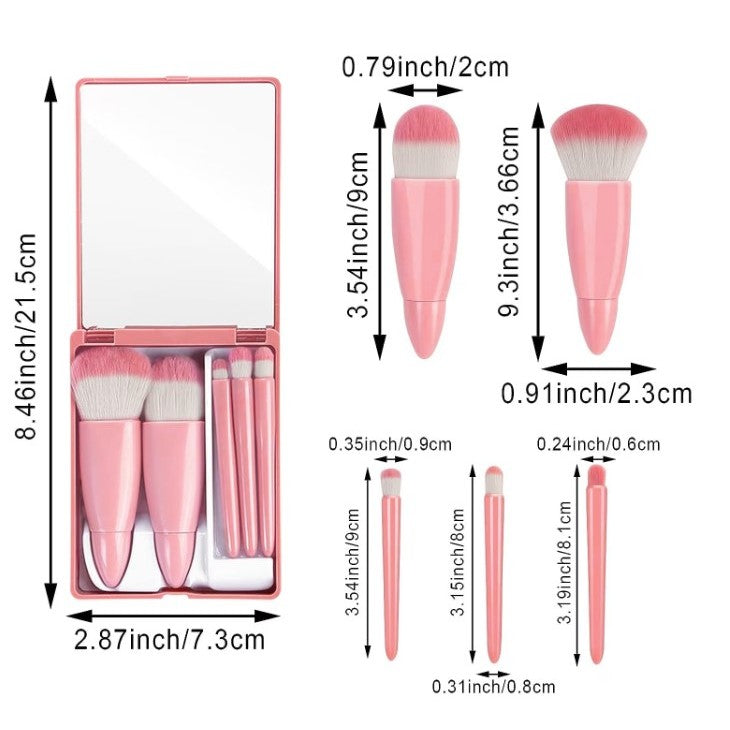 Set 5 Mini Pensule de Machiaj, Vivimall, Portabile, in Carcasa cu Oglinda, din Par Sintetic Moale, Roz, 12x7x2.5 cm - vivimall.ro