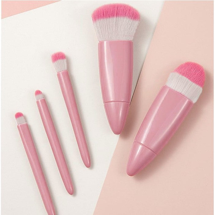 Set 5 Mini Pensule de Machiaj, Vivimall, Portabile, in Carcasa cu Oglinda, din Par Sintetic Moale, Roz, 12x7x2.5 cm - vivimall.ro