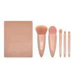 Set 5 Mini Pensule de Machiaj, Vivimall, Portabile, in Carcasa cu Oglinda, din Par Sintetic Moale, Roz Pastel, 12x7x2.5 cm - vivimall.ro