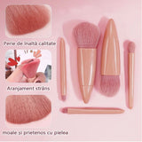 Set 5 Mini Pensule De Machiaj, Portabile, In Carcasa Cu Oglinda, Din Par Sintetic Moale, Roz Pastel, 12X7X2.5 Cm - vivimall.ro