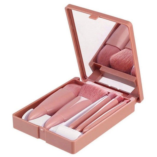 Set 5 Mini Pensule de Machiaj, Vivimall, Portabile, in Carcasa cu Oglinda, din Par Sintetic Moale, Roz Pastel, 12x7x2.5 cm - vivimall.ro