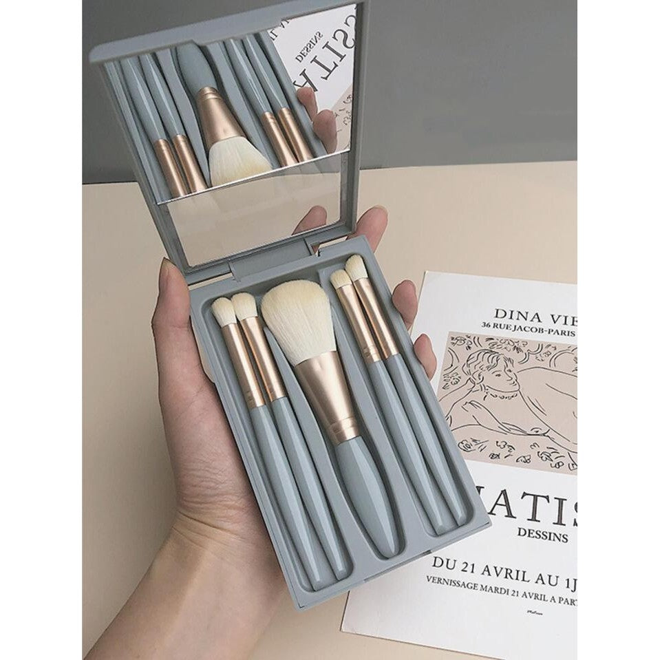 Set 5 Pensule De Machiaj Cu Peri Moi, Cu Suport Pentru Depozitare Si Oglinda - vivimall.ro