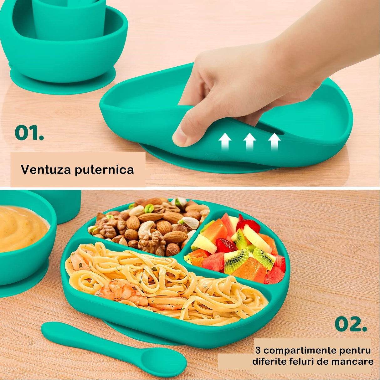 Set 5 Piese Diversificare Bebelusi Si Copii Din Silicon Baveta, Farfurie Compartimentata Cu Ventuza, Bol Cu Ventuza, Tacamuri, Fara Alergeni