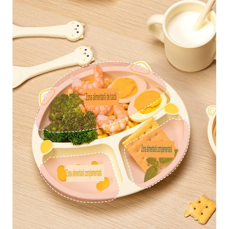 Set 5 Piese Hranire Bebelusi si Copii, Flippy, din Silicon, fara BPA, de la 12 Luni, Model Pisicuta, 28 x 26 x 2 cm, Bej
