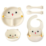 Set 5 Piese Hranire Bebelusi si Copii, Flippy, din Silicon, fara BPA, de la 12 Luni, Model Pisicuta, 28 x 26 x 2 cm, Bej