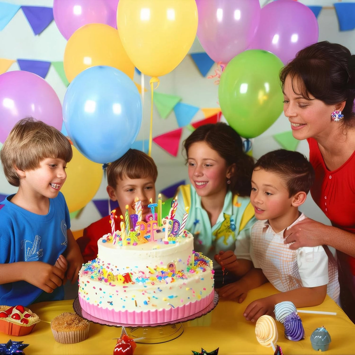 Set 50 Baloane din Latex, Vivimall, Model Party, Multicolor, 7x Albastru, 7x Verde, 7x Galben, 7x Mov, 7x Portocaliu, 7x Roz, 8x Rosu, 23 cm, 1.4 g