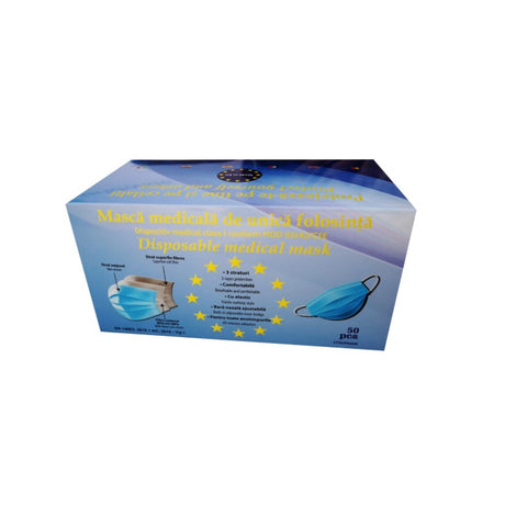Set 50 Bucati Masti Medicale De Unica Folosinta, 3 Straturi Si 3 Pliuri, Nesterile, Tip I