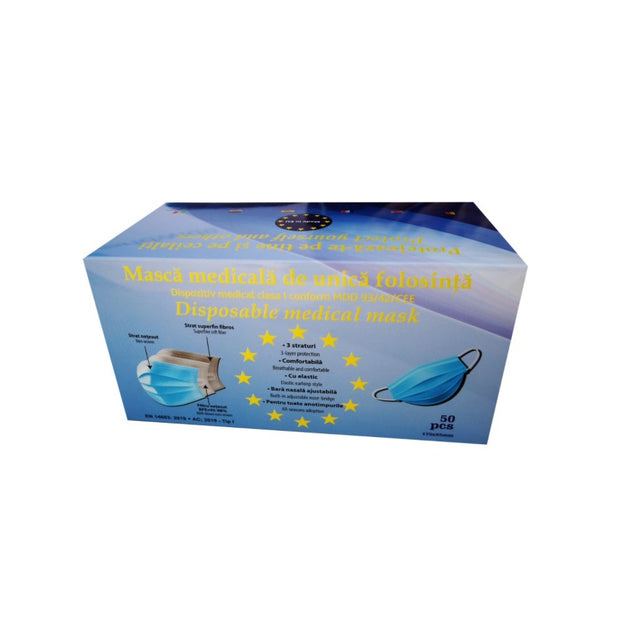 Set 50 bucati masti medicale de unica folosinta, 3 straturi si 3 pliuri, nesterile, TIP I - vivimall.ro