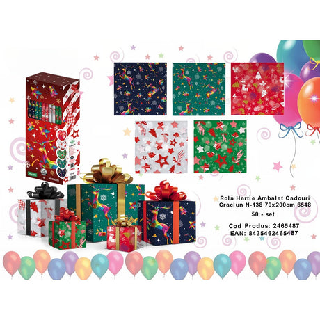 Set 50 Role Hartie Ambalat Cadouri Craciun, 5 Modele - vivimall.ro