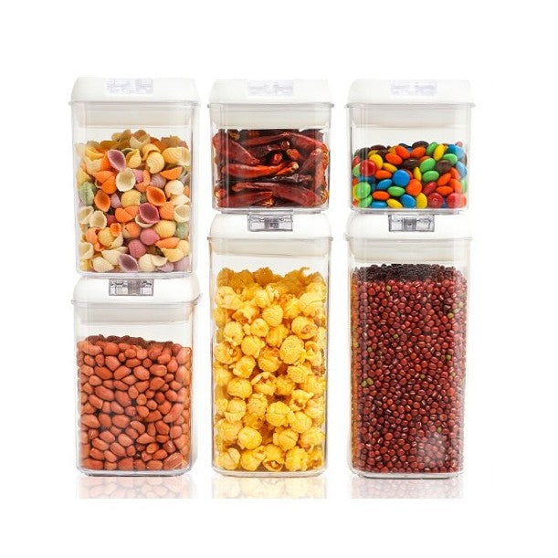 Set 6 Recipiente Din Plastic, Pentru Alimente/Obiecte, Inchidere Ermetica, 2 X 0.5L, 2 X 0.8L, 2 X 1.2L, Capac Alb, Transparent - vivimall.ro