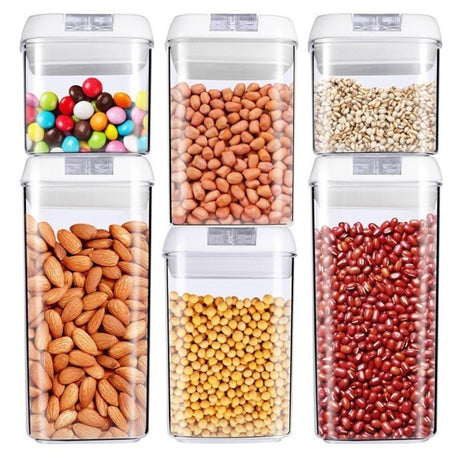 Set 6 Recipiente Din Plastic, Pentru Alimente/Obiecte, Inchidere Ermetica, 2 X 0.5L, 2 X 0.8L, 2 X 1.2L, Capac Alb, Transparent - vivimall.ro