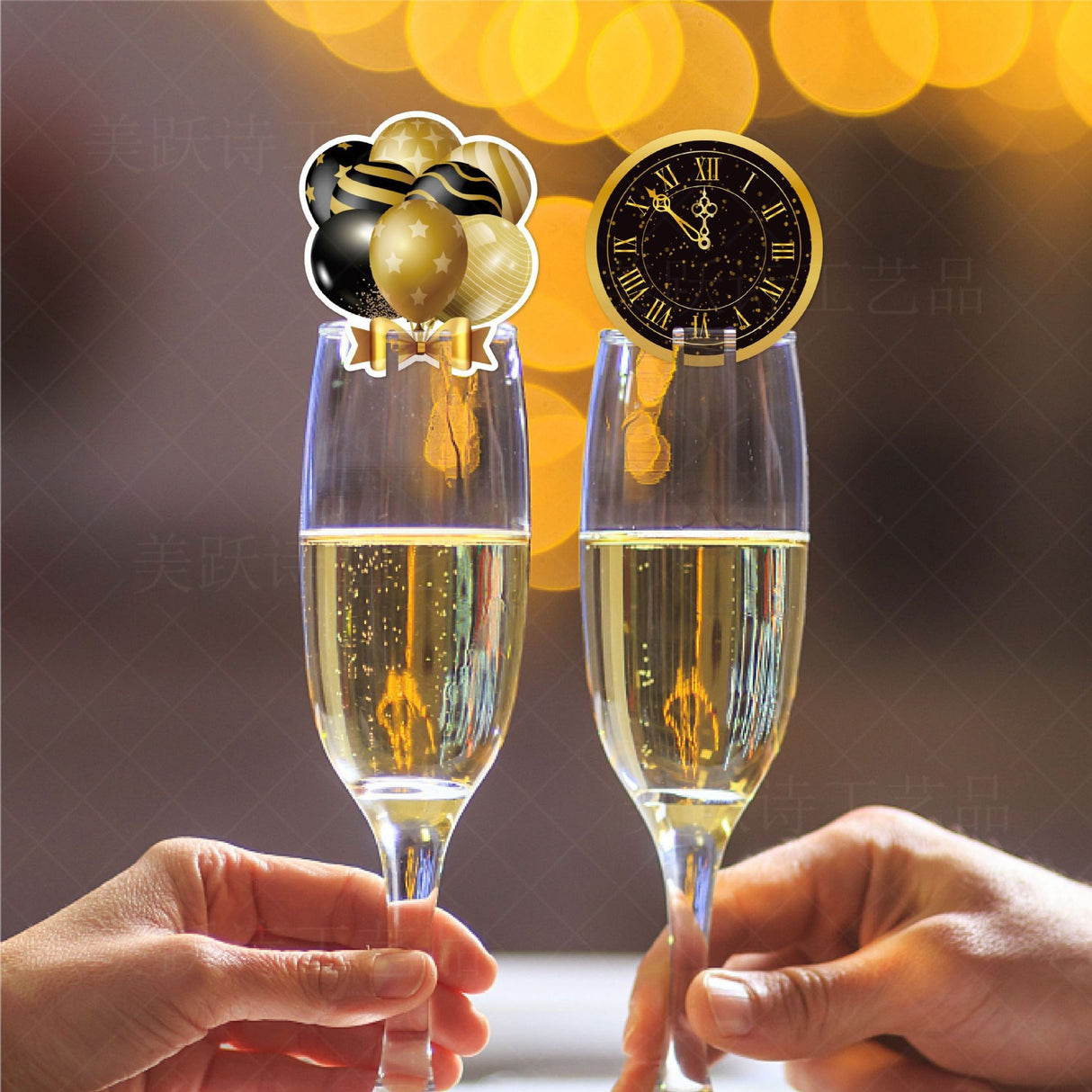 Set 6 Decoratiuni pentru Pahare de Cocktail, Flippy, Tema Anul Nou, din Hartie, Multicolor - vivimall.ro