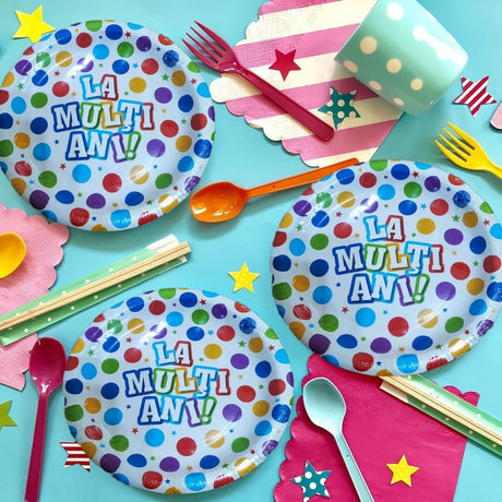 Set 6 Farfurii de Unica Folosinta, Flippy, Colectia, LA MULTI ANI, 23 cm, din Carton Laminat, Multicolor