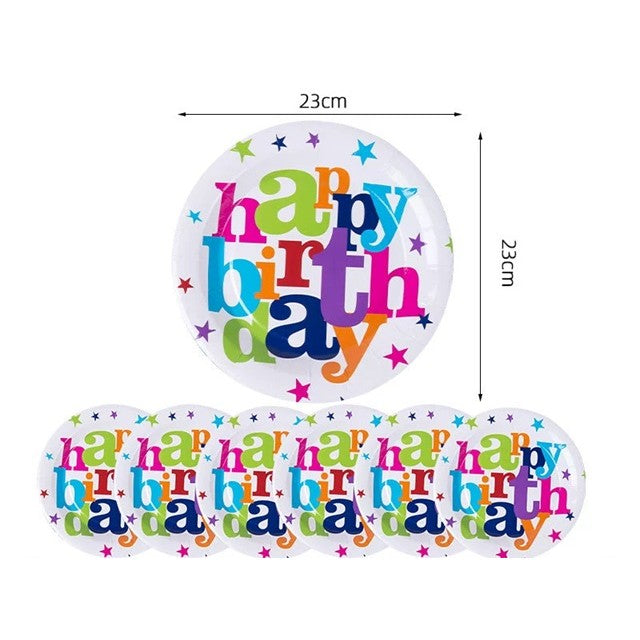 Set 6 Farfurii Unica Folosinta, Flippy, Imprimeu Happy Birthday, din Carton, Diametru 23 cm, Multicolor