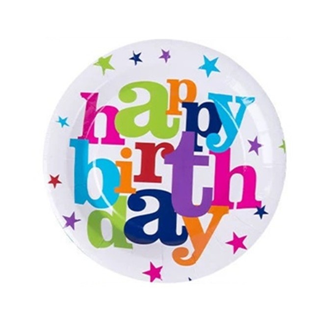 Set 6 Farfurii Unica Folosinta, Flippy, Imprimeu Happy Birthday, din Carton, Diametru 23 cm, Multicolor