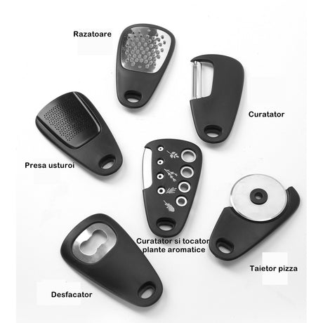 Set 6 In 1 Mini Ustensile Bucatarie Taietor Pizza, Cutit, Curatator, Razatoare, Desfacator, Presa Usturoi, Manere Din Abs, Lame Ascutite Din Otel Inoxidabil, 7.1 X 12.9 X 4.8 Cm, Negru - vivimall.ro