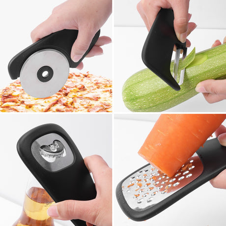 Set 6 In 1 Mini Ustensile Bucatarie Taietor Pizza, Cutit, Curatator, Razatoare, Desfacator, Presa Usturoi, Manere Din Abs, Lame Ascutite Din Otel Inoxidabil, 7.1 X 12.9 X 4.8 Cm, Negru - vivimall.ro