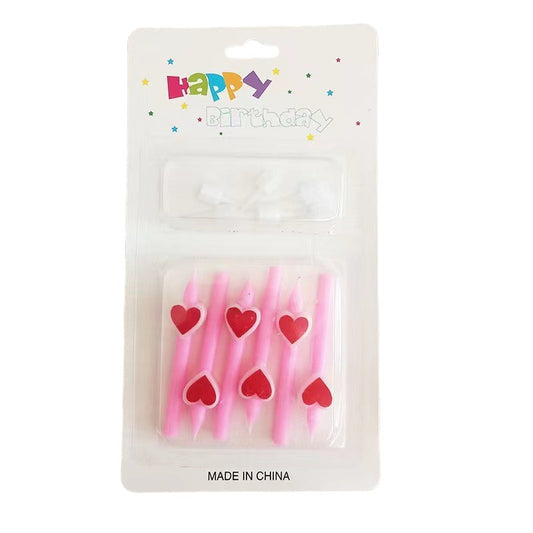 Set 6 Lumanari de Tort, Vivimall, Model Creion cu Inimioare, 5.9 x 1.1 cm, din Ceara, Roz - vivimall.ro