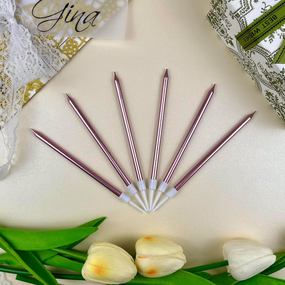 Set 6 Lumanari de Tort, Vivimall, din Parafina, 11 x 0.4 cm, Lucioase, Roz Auriu - vivimall.ro