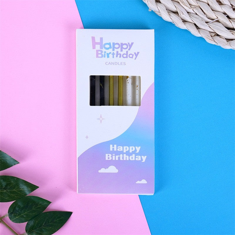 Set 6 Lumanari Lungi, Vivimall, din Parafina, 10 x 0.5 cm, Happy Birthday, Alb/Negru/Auriu - vivimall.ro