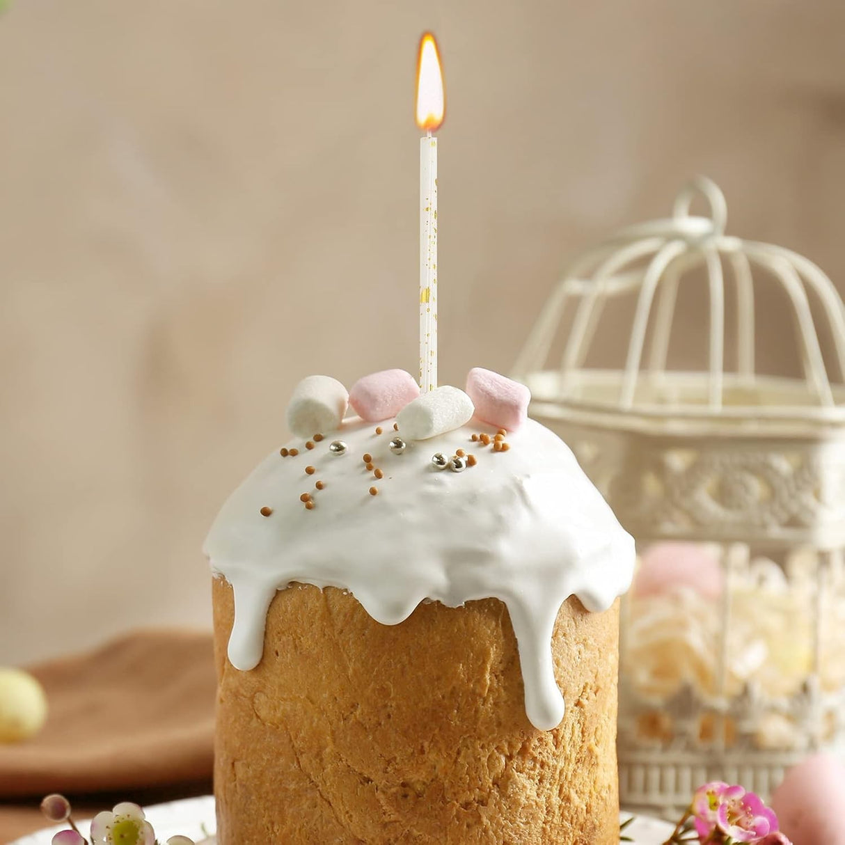 Set 6 Lumanari Lungi, Vivimall, din Parafina, 10 x 0.5 cm, Happy Birthday, Alb/Negru/Auriu - vivimall.ro