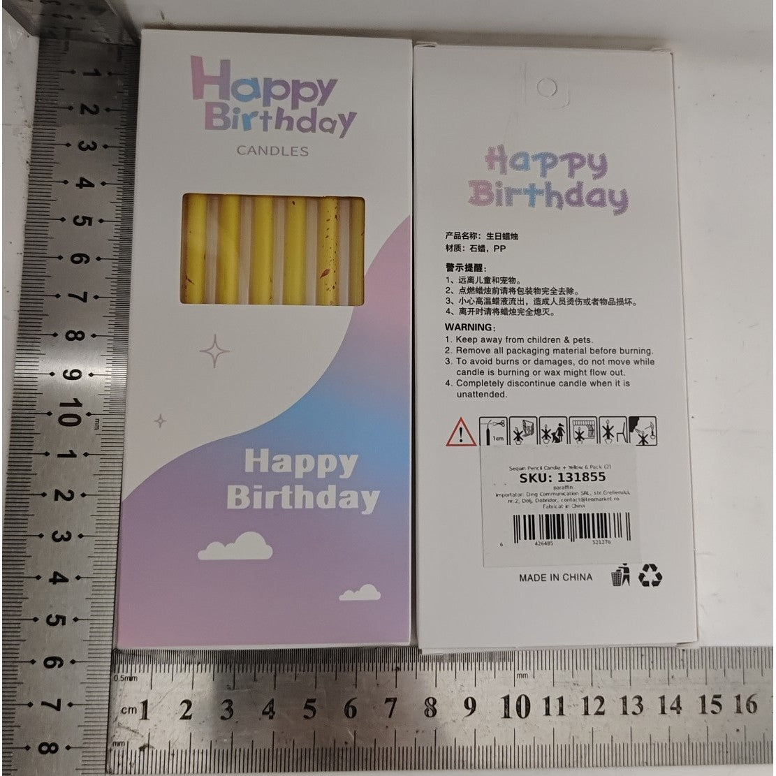 Set 6 Lumanari Lungi, Vivimall, din Parafina, 10 x 0.5 cm, Happy Birthday, Galben - vivimall.ro