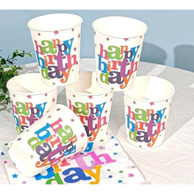 Set 6 Pahare, Flippy, Imprimeu Happy Birthday, din Carton, 7.5 x 7.8 cm, Multicolor