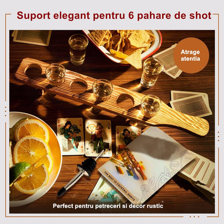 Set 6 Pahare Shot Din Sticla Cu Suport Din Lemn, Design Rustic, 49.5 X 7 X 6.5 Cm, Maro - vivimall.ro