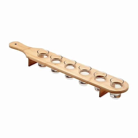 Set 6 Pahare Shot din Sticla Vivimall, cu Suport din Lemn, Design Rustic, 49.5 x 7 x 6.5 cm, Maro - vivimall.ro