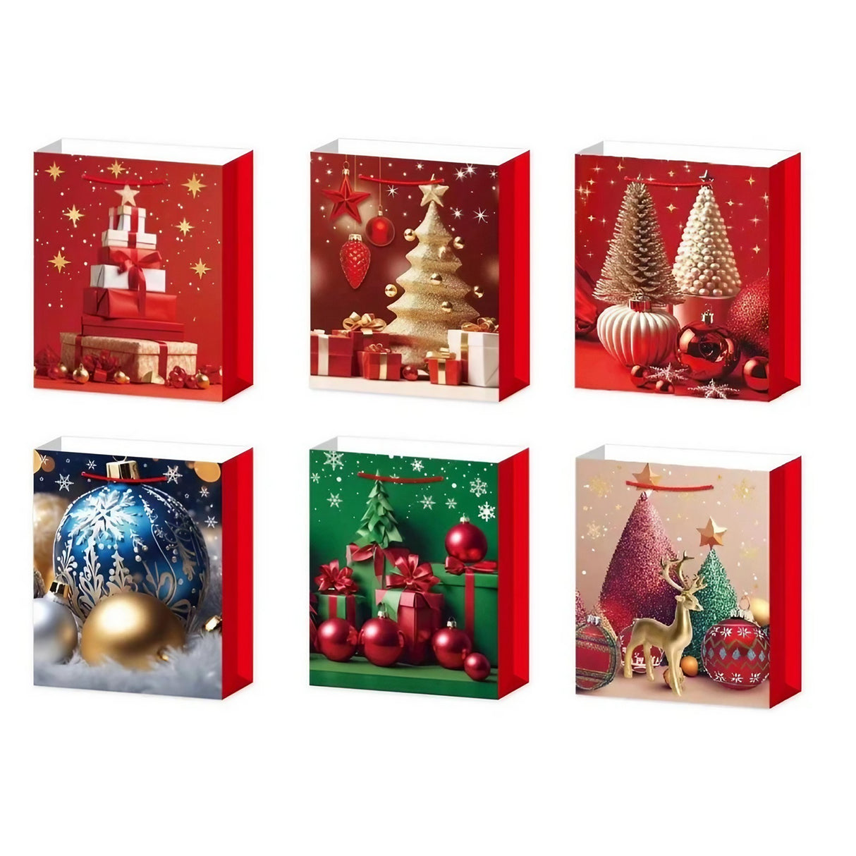 Set 6 Pungi Cadou, Vivimall, Imprimeu Tematica Brad de Craciun, Model Random, din Hartie, Impachetare Usoara a Cadourilor, 18.5x22.5x8.5 cm, Multicolor