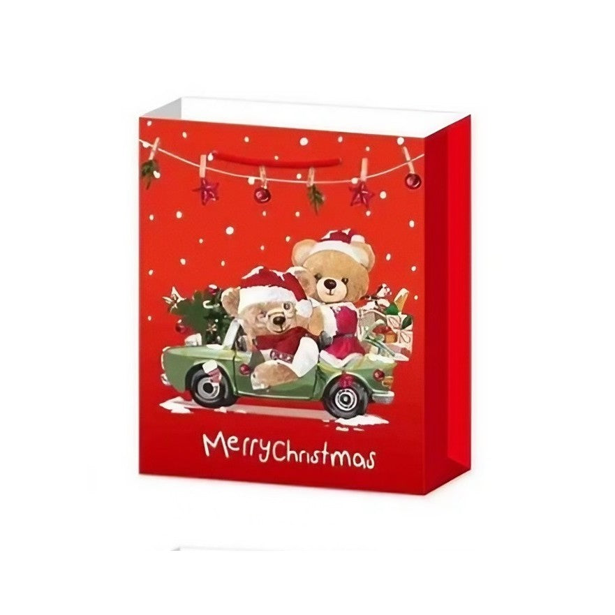 Set 6 Pungi Cadou, Flippy, Imprimeu Tematica Mos Craciun, Ursuleti, Brazi, Model Random, din Hartie, Impachetare Usoara a Cadourilor, 18.5x22.5x8.5 cm, Multicolor