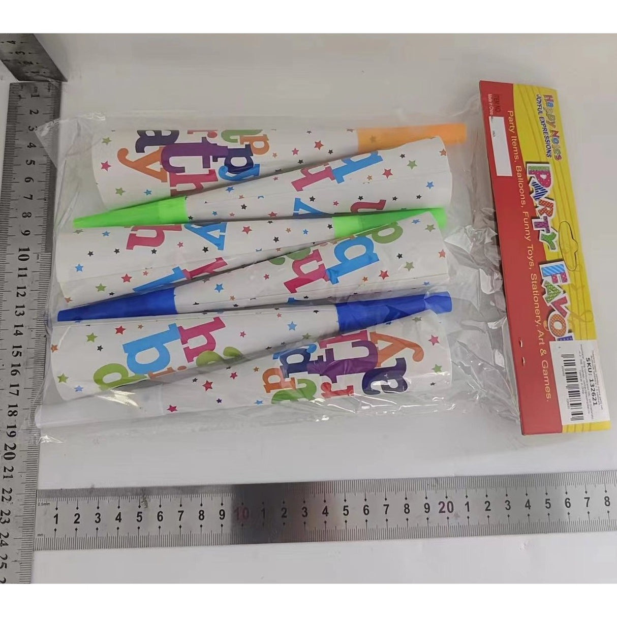 Set 6 Suflatori, Vivimall, Colectia Happy Birthday, 20 cm, din Carton, Multicolor - vivimall.ro