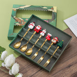 Set 6 Tacamuri, Flippy, Tema Craciun, 3 Linguri + 3 Furculite, cu Figurine, din Otel Inoxidabil, Cutie Cadou, 19 x 22 x 2.2 cm, Auriu - vivimall.ro