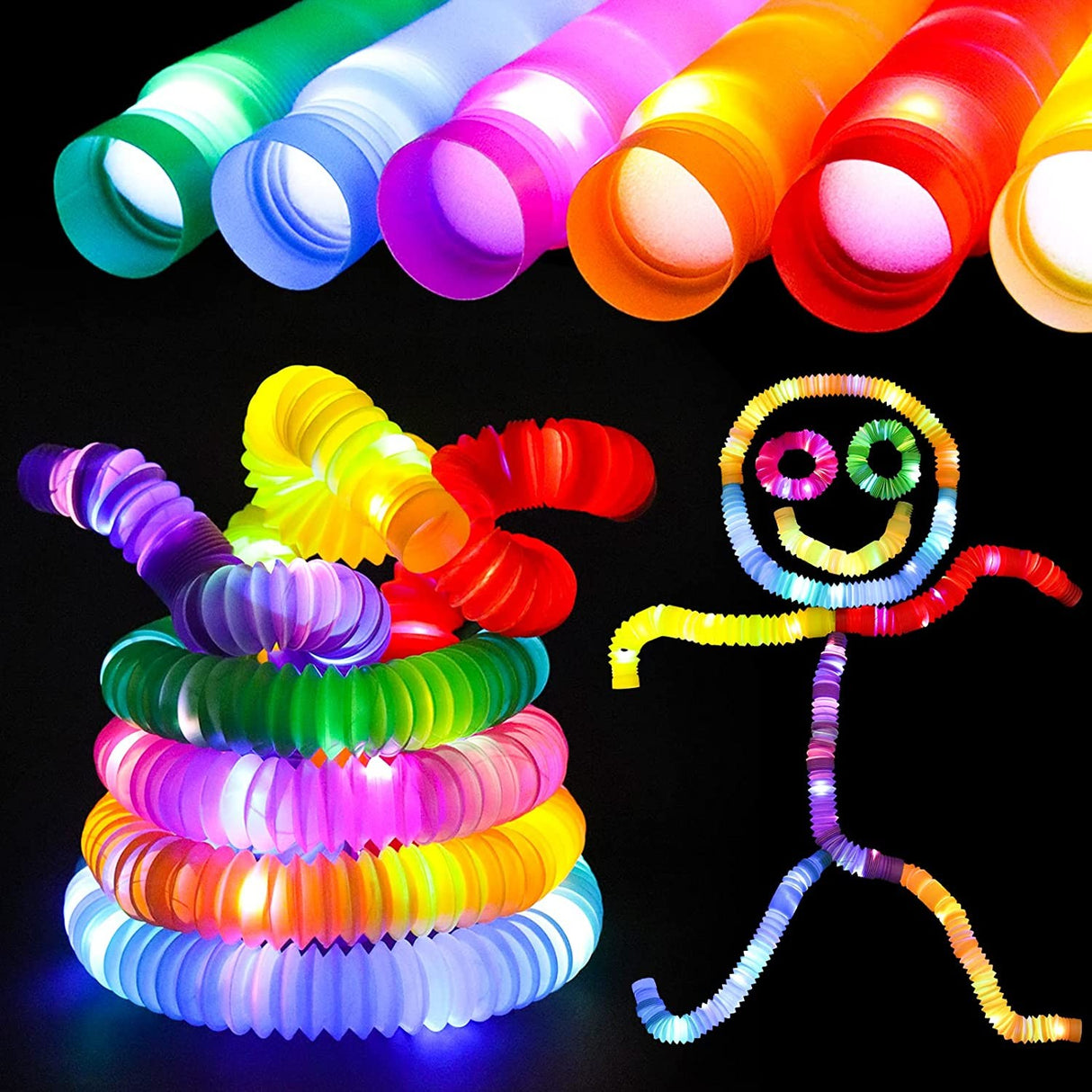 Set 6 Tuburi Antistres, Cu Lumina Led, Fidget Pop Tube, Multicolor