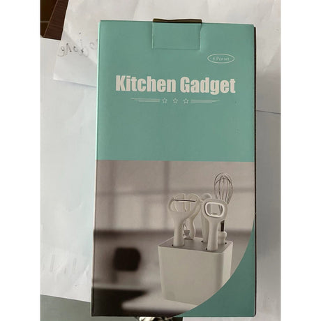 Set 6 ustensile bucatarie Vivimall, cu suport inclus, desfacator, curatator legume, foarfeca, cutit, tel, ABS si inox, alb - vivimall.ro