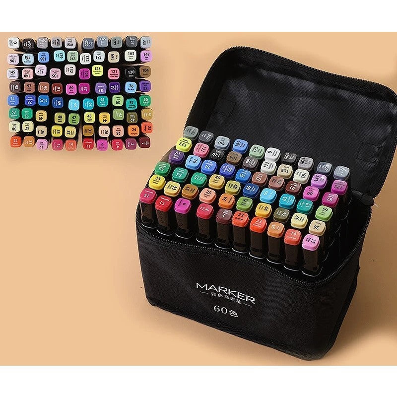 Set 60 Markere, Flippy, pe Baza de Ulei, Dublu Capat, Subtire 1mm si Gros 6 mm, Geanta Depozitare, 15 cm, Multicolor - vivimall.ro