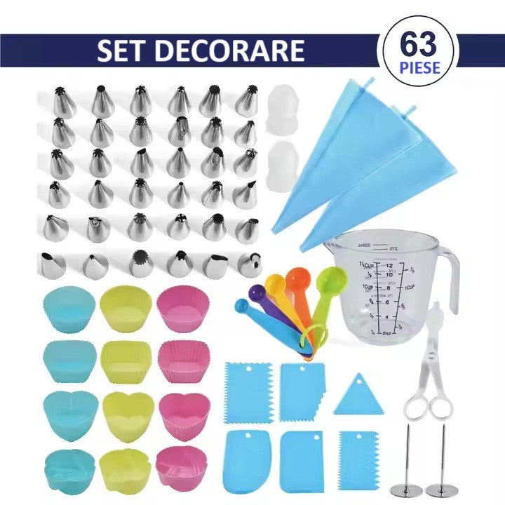 Set 63 Piese Ustensile pentru Ornare Prajituri, Vivimall, din Plastic si Otel Inoxidabil, Forme Briose, Multicolor - vivimall.ro