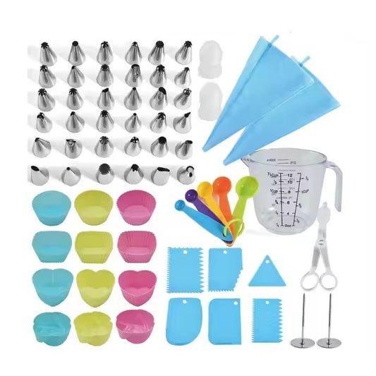 Set 63 Piese Ustensile pentru Ornare Prajituri, Vivimall, din Plastic si Otel Inoxidabil, Forme Briose, Multicolor - vivimall.ro