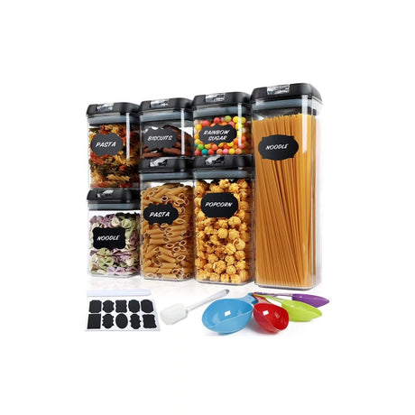 Set 7 Recipiente Organizare Alimente, Inchidere Etansa, Etichete Reutilizabile, Cupe Masurare, 4 Dimensiuni Diferite, Din Plastic Dur, Transparent - vivimall.ro