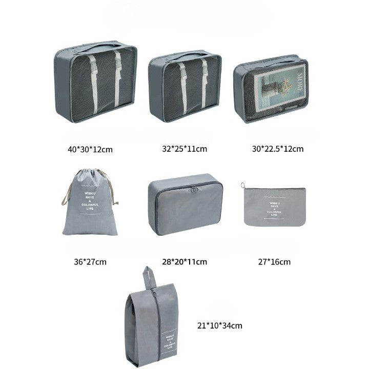 Set 7 Genti De Calatorie, Pentru Depozitare, Compresibile, 7 Dimensiuni, Impermeabile, Design Cu Plasa, Pliabile, Manere Robuste, Fermoar Dublu