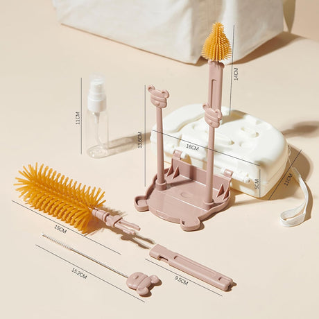 Set 7 Piese de Spalat/Uscat Biberoane, Flippy, Portabil, Peri de Silicon, pentru Tetine, Suzete, Biberoane, Paie, Cutie Inclusa, 16 x 11 x 5 cm, Model Ursulet, Maro