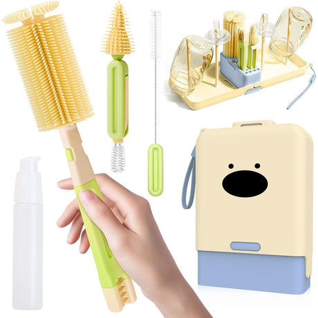 Set 7 Piese de Spalat/Uscat Biberoane, Flippy, Portabil, Peri de Silicon, pentru Tetine, Suzete, Biberoane, Paie, Cutie Inclusa, 16.8 x 12 x 5 cm, Model Catel, Albastru