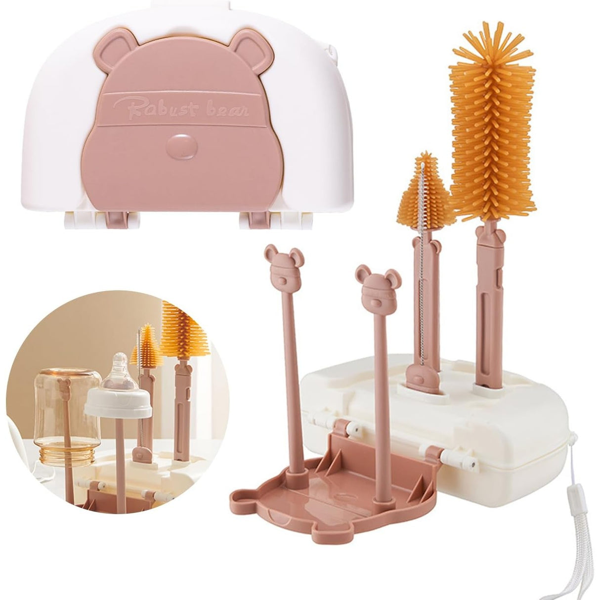 Set 7 Piese de Spalat/Uscat Biberoane, Flippy, Portabil, Peri de Silicon, pentru Tetine, Suzete, Biberoane, Paie, Cutie Inclusa, 16 x 11 x 5 cm, Model Ursulet, Maro