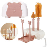 Set 7 Piese de Spalat/Uscat Biberoane, Flippy, Portabil, Peri de Silicon, pentru Tetine, Suzete, Biberoane, Paie, Cutie Inclusa, 16 x 11 x 5 cm, Model Ursulet, Maro