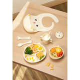 Set 7 Piese Hranire Bebelusi si Copii, Flippy, din Silicon, fara BPA, de la 12 Luni, Model Pisicuta, 30 x 25 x 6 cm, Bej