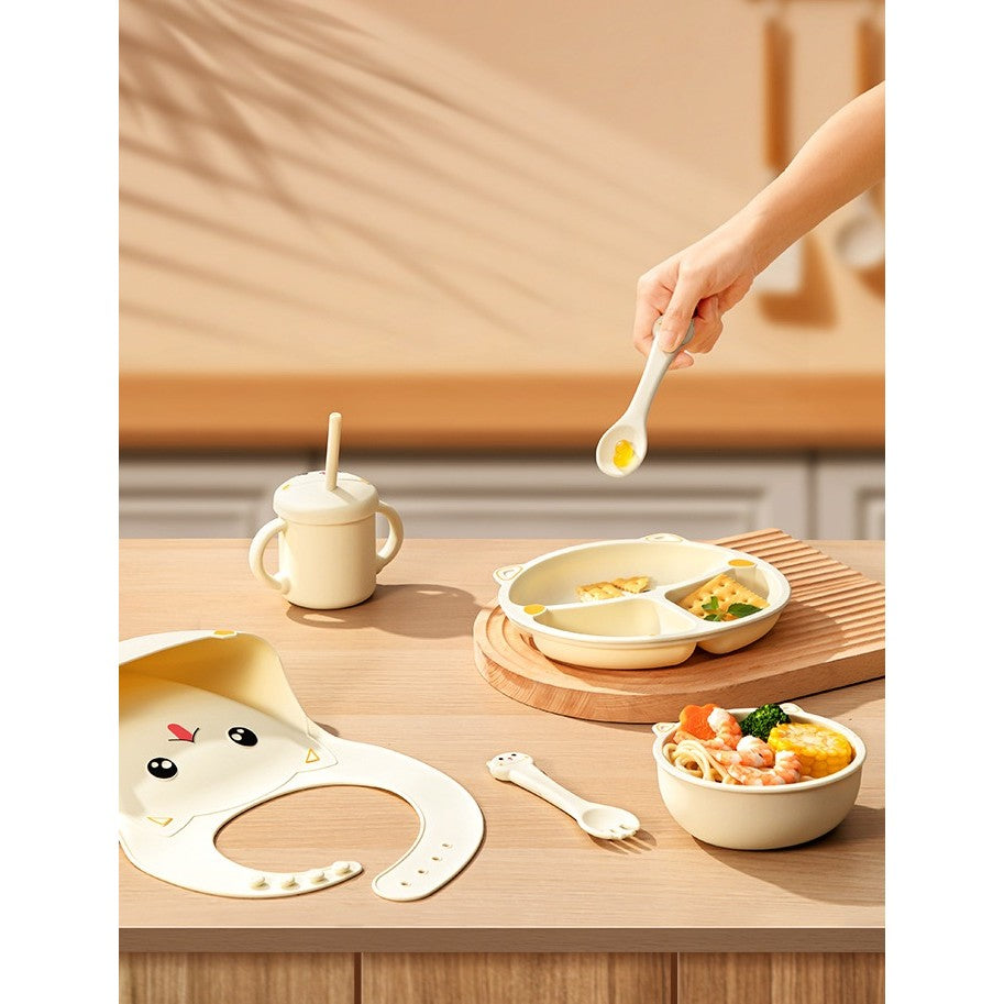 Set 7 Piese Hranire Bebelusi si Copii, Flippy, din Silicon, fara BPA, de la 12 Luni, Model Pisicuta, 30 x 25 x 6 cm, Bej